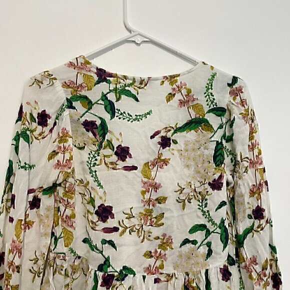 LUCKY BRAND Malia Peasant Top White Green Floral V-Neck Cutout Tie Long Sleeve - Picture 11 of 15